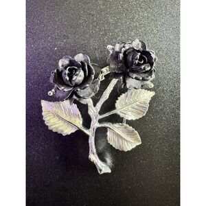 Vintage Signed Gerry's Double Black Rose Brooch/Pin Silver Tone Stem